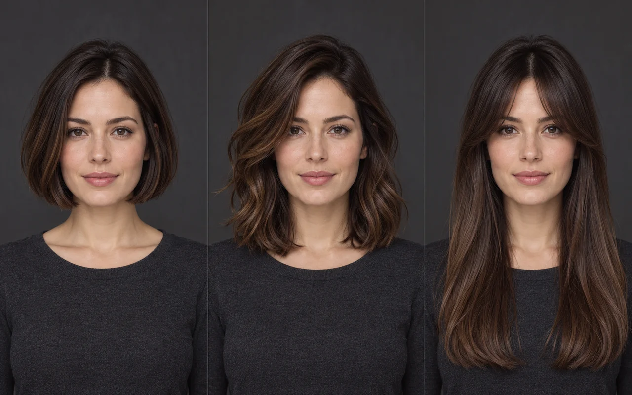 AI illustration of one adult woman with a chin-length bob, layered waves and long hair with curtain fringe