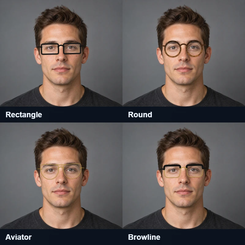 The same demo face wearing rectangle, round, aviator and browline frames