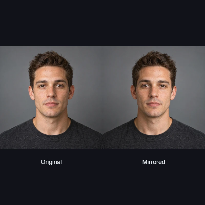 The same demo portrait shown as taken and mirrored, side by side