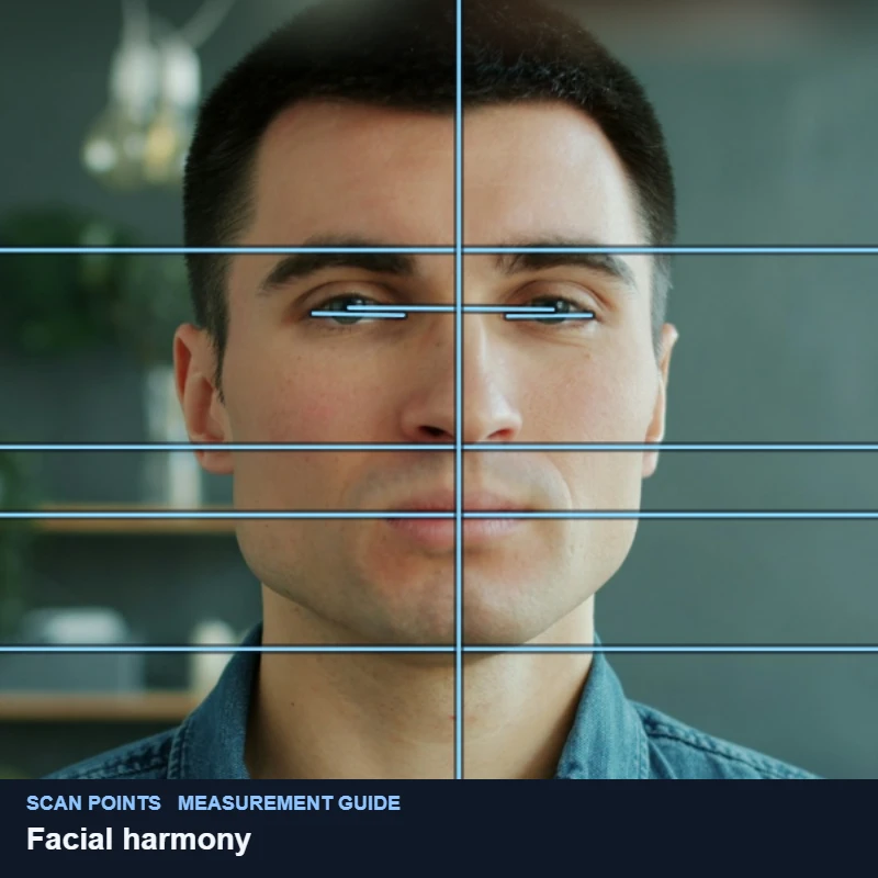 Horizontal proportion lines and a vertical centre line drawn over a demo portrait