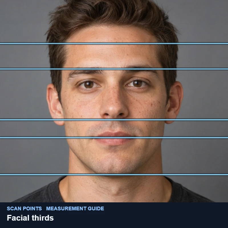 Horizontal lines at the hairline, brows, nose base and chin dividing a demo portrait into thirds