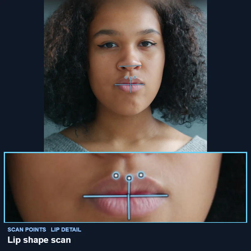 Lip corner, cupid's bow and lip line points mapped on a demo portrait, with a close-up of the mouth