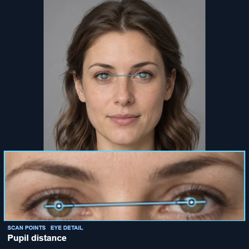 The pupil centres the pupillary distance estimate measures between drawn on a demo portrait